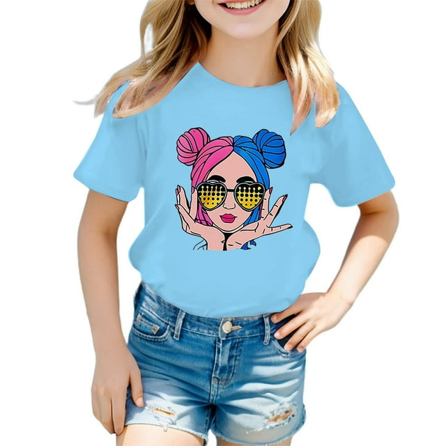 TZEWGL Tees For Child Graphic Printing Round Neck Short Sleeve Clothes For Girls Boys size 7-8T