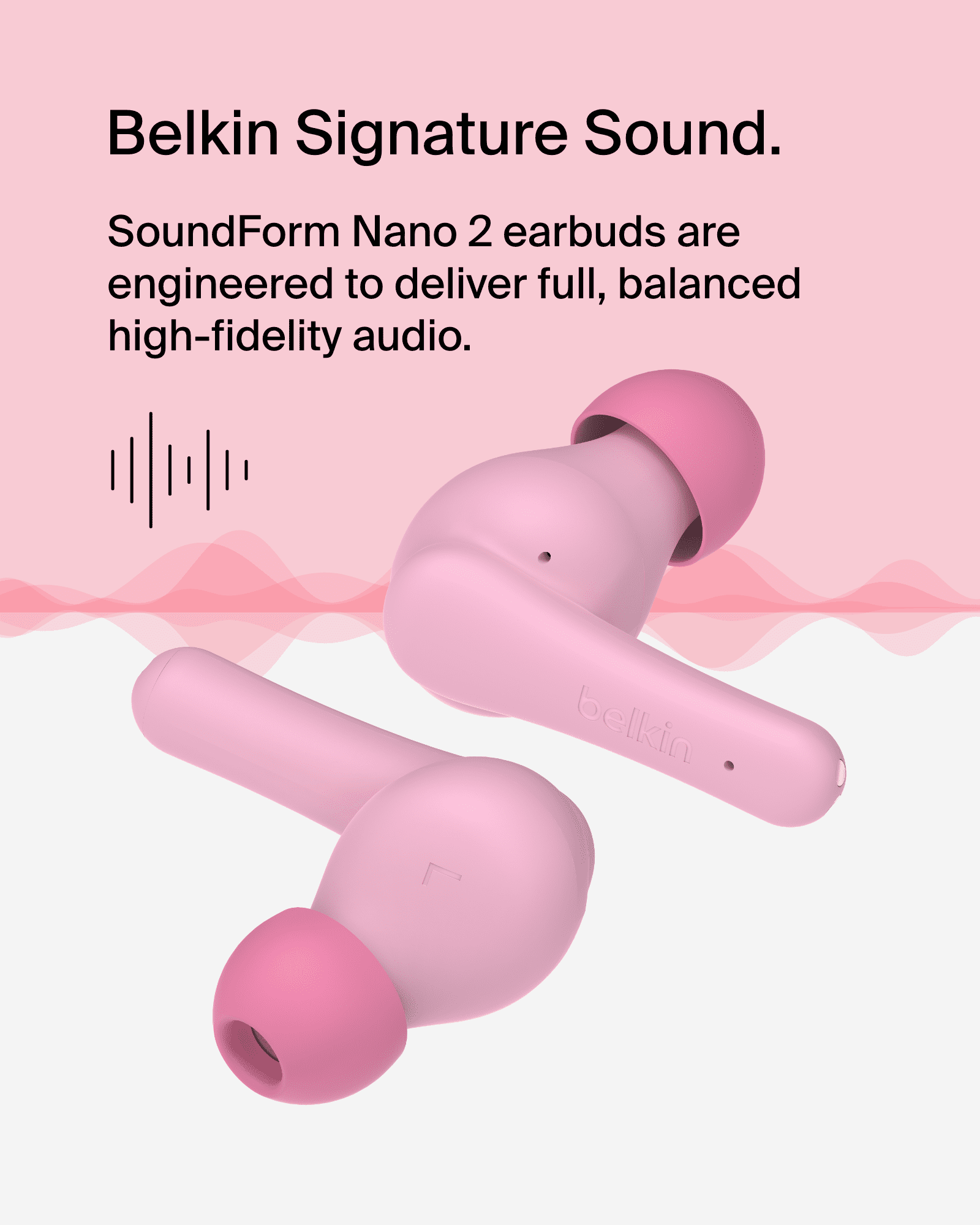 Belkin SoundForm Nano 2 Bluetooth Earbuds for Kids with Built-in Microphone, 28H Battery Life, Safe 85dB Volume, IPX5 Water Resistance - Kids Bluetooth Earbuds for iPhone, iPad, Galaxy, & More - Pink