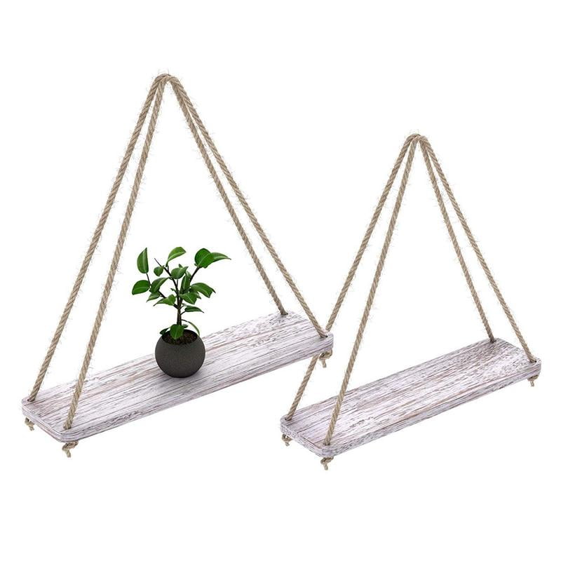 Rustic Set of 2 Wooden Floating Shelves with String ...