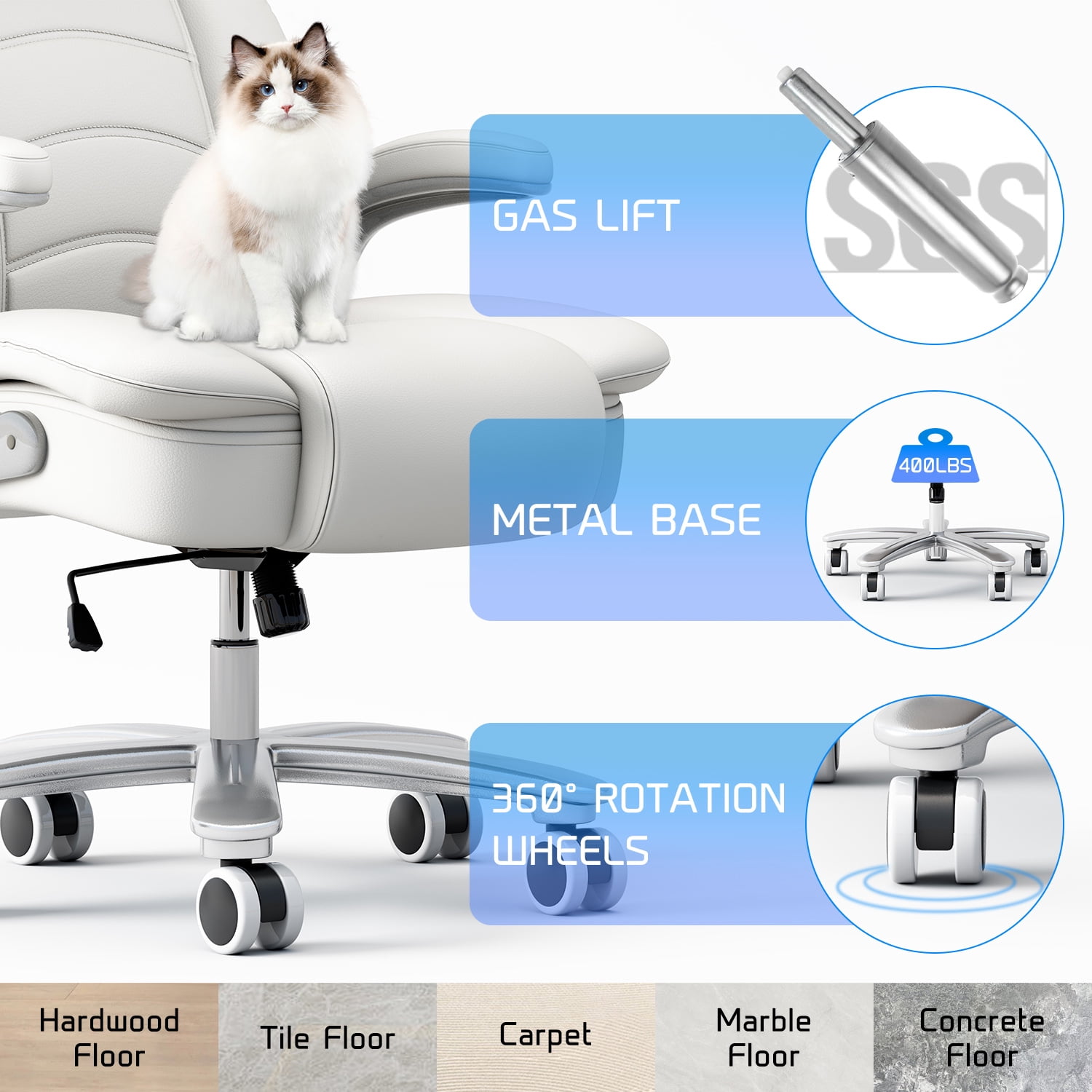 HomeZeer Big and Tall Office Chair 400lbs, High Back Leather Executive Office Chair with Adjustable Armrest, Modern Ergonomic Office Chair with Wide Seat and Lumbar Support, White
