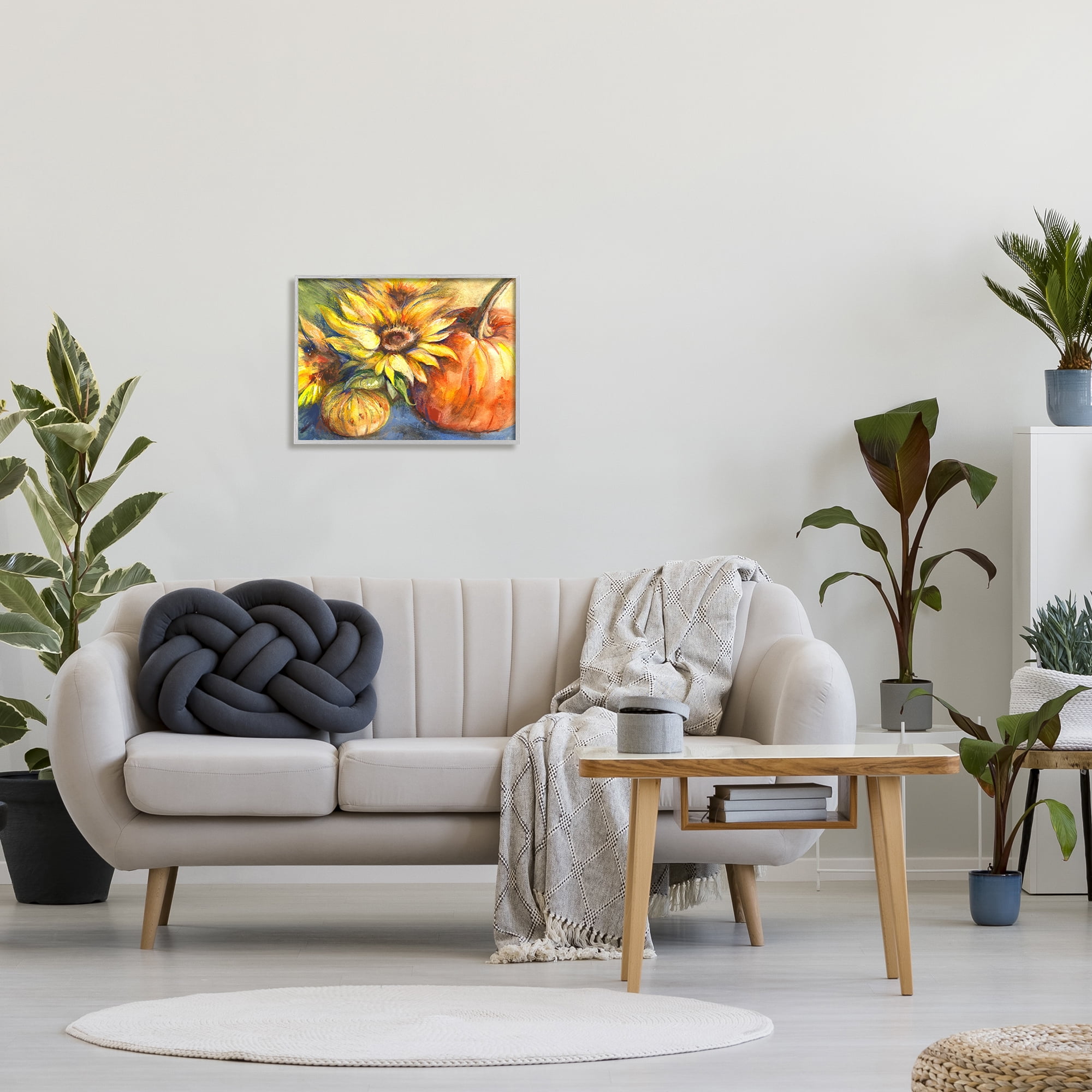 Stupell Industries Fall Sunflowers & Gourds Botanical & Floral Painting Gray Framed Art Print Wall Art, 20 x 16