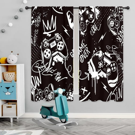 Black White Gaming Boys Curtains Gamer Video Games Controller Gamepad Modern Graffiti Cool Funny Rod Pocket for Kids Teens Men Bedroom Living Room Treatment Fabric 2 Panels 42Wx63H Inch