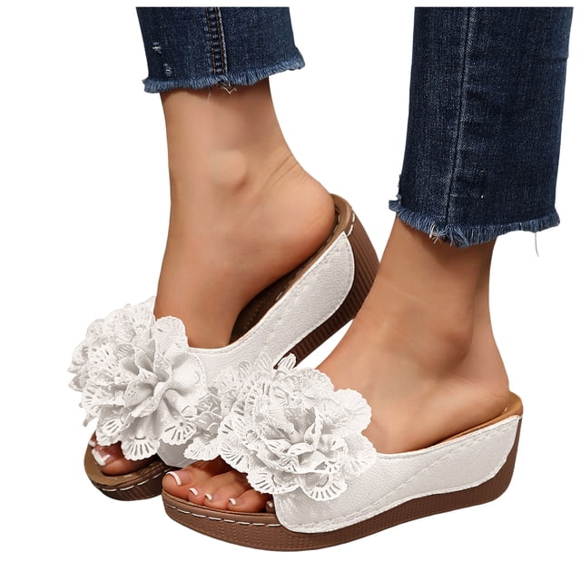 Womens Floral Summer Platform Beach Sandals Wedge Open Toe Slides Open Toe Wide Width Non Slip Dressy Slippers White Size 7.5