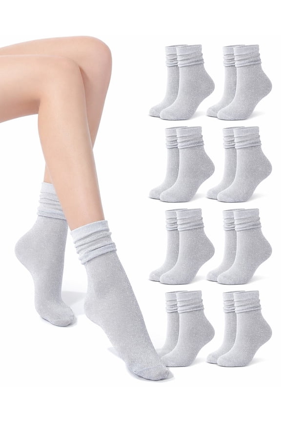 8 Pairs Women Novelty Glitter Ankle Socks Sparkly Metallic Casual Ladies Bright Retro Piles Ankle Socks White