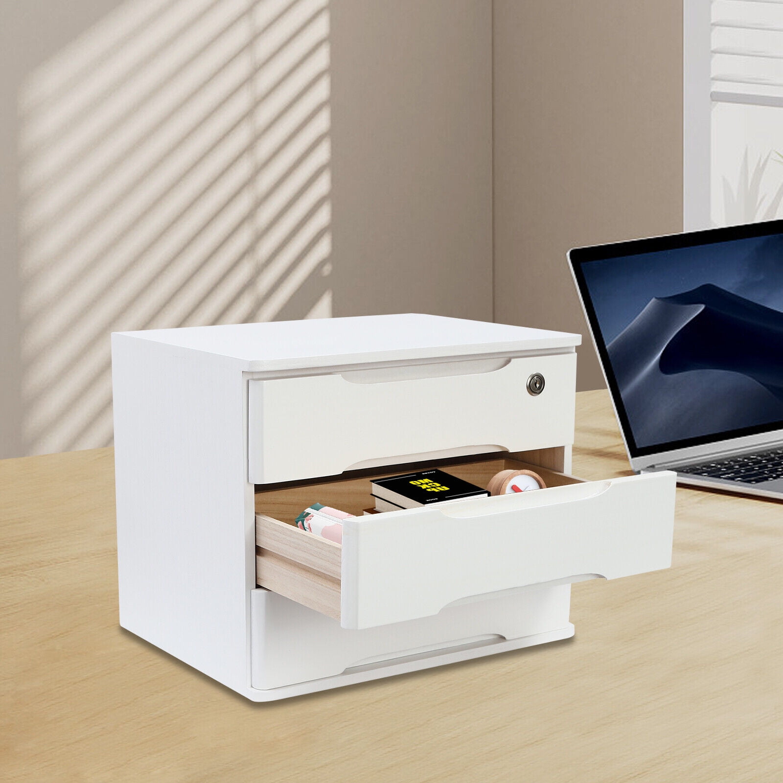 15.35 in White Desktop Organizer Storage Box Desk Drawers Locking Filing Cabinet