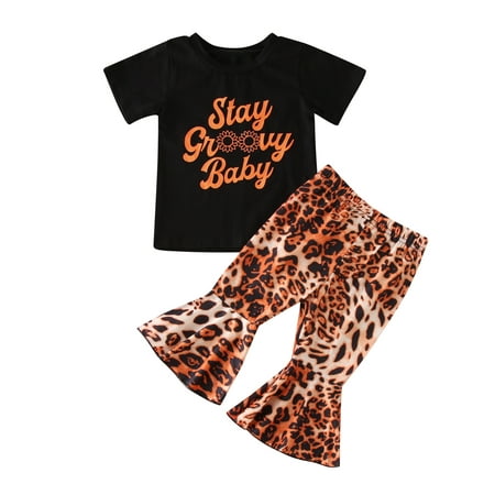 

TAIAOJING Baby Girl Clothes Toddler Kids Summer Short Sleeve Letter T Shirt Tops Leopard Print Flared Pants Bell Bottoms Casual Set Fall Outfits 2-3 Years