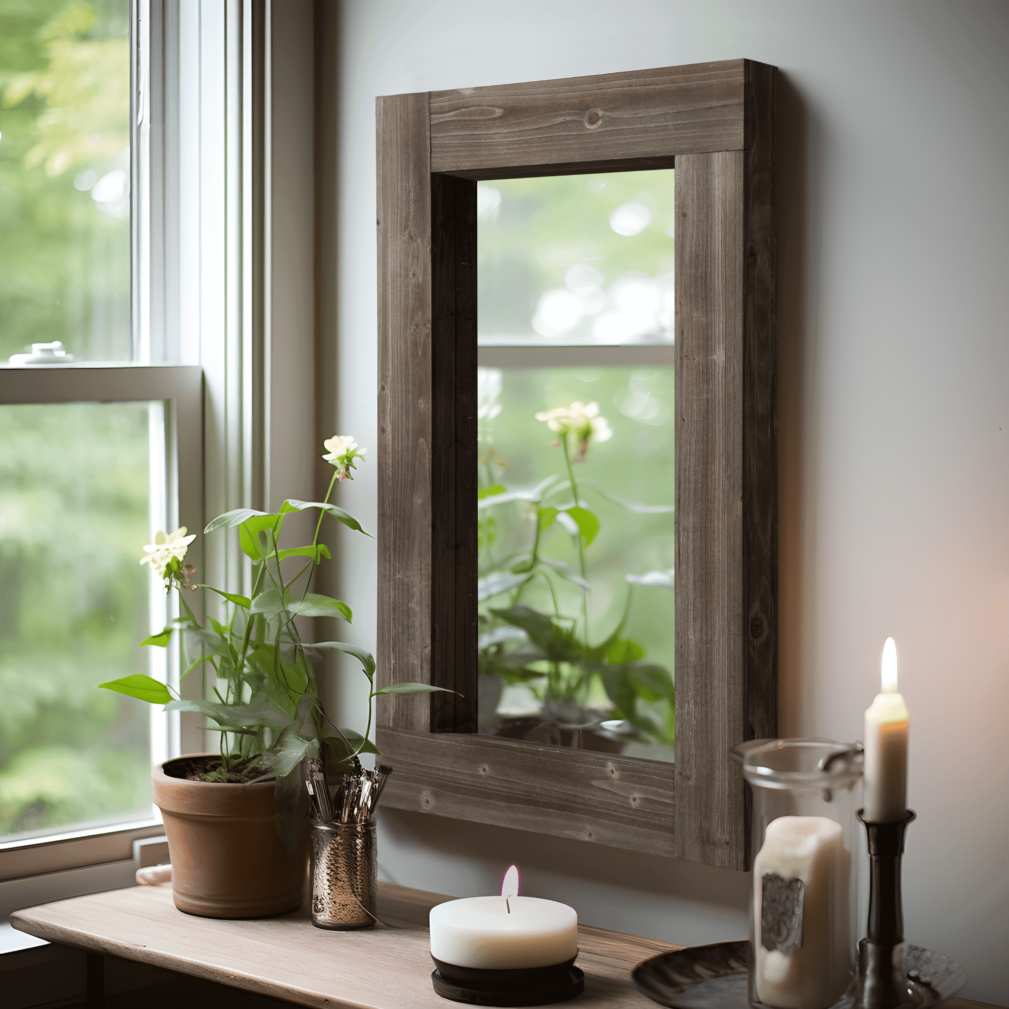 MAYEERTY 36"×24" Vintage Brown Solid Wood Wide-Frame Hollow Mirror Double-Sided for Living Room