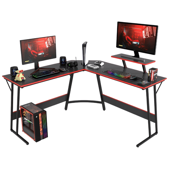 Escritorio Gamer Titano Nova Negro Esquinero Acabado Fibra de Carbono Con Repisa Ajustable