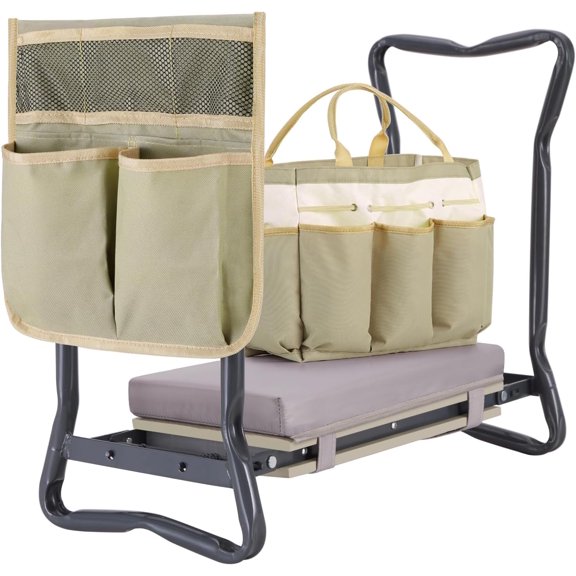 Upgraded Garden Kneeler and Seat 2-in-1 Foldable Gardening Stool with Detachable Soft Kneeling Pad, Garden Bench Heavy Duty with Large Tools Bag and Pouch, Gifts for Women Men Seniors Gardener