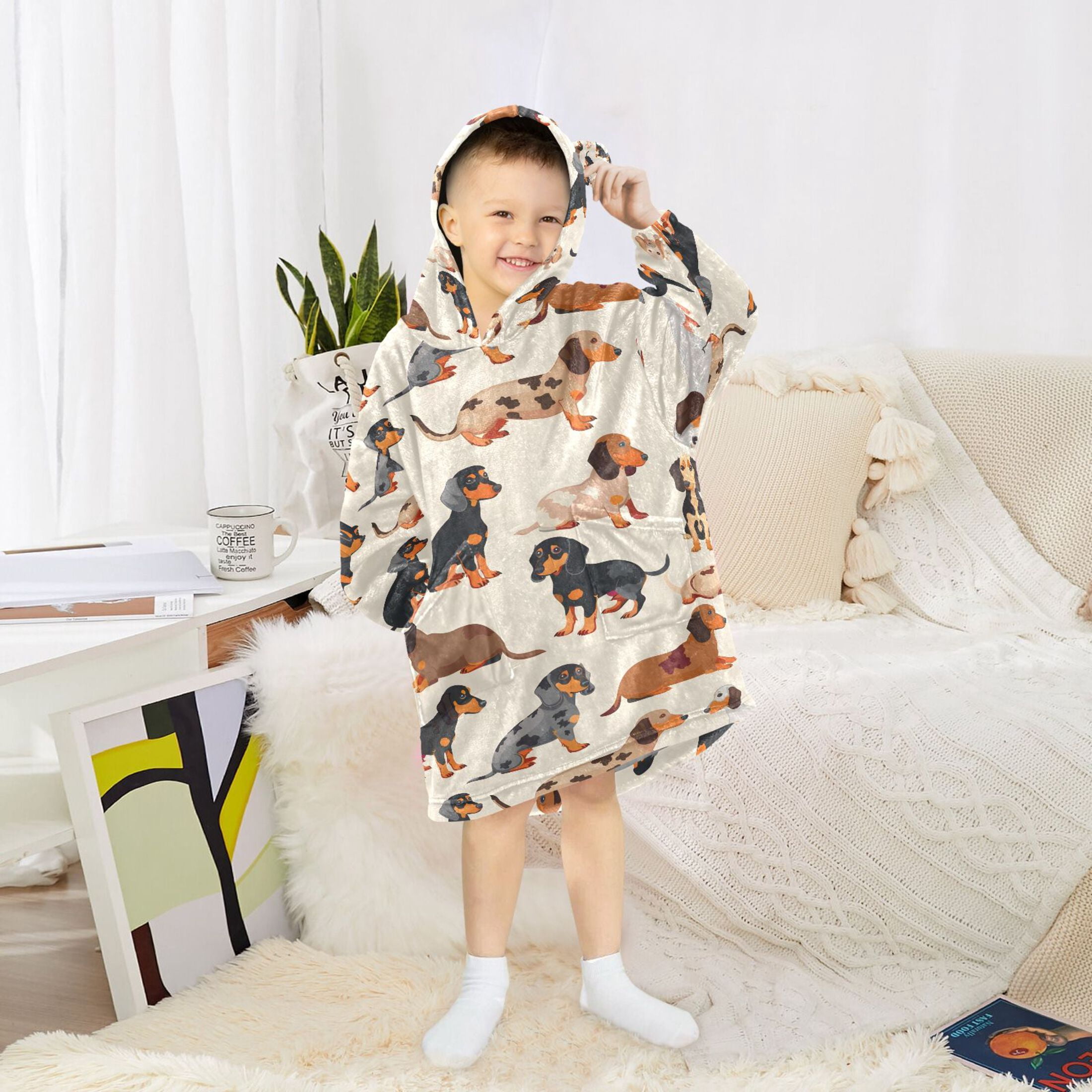 joogoo Wearable Blanket Hoodie for Cute Dachshund Dog Flannel Sherpa Pocket 3-14 YR S