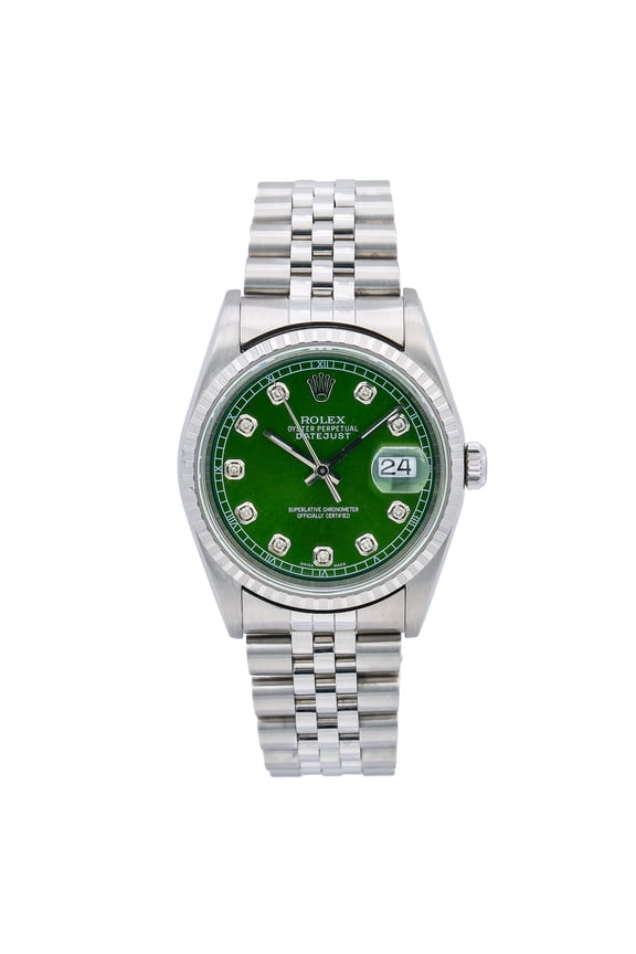Pre-Owned Rolex Datejust 16220 36mm Green Diamond Dial Stainless Steel Jubilee Bracelet Watch