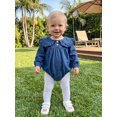 thumbnail image 6 of RUINIXCW Newborn Baby Girl Denim Bubble Romper Infant Baby Girls Cowgirl Jeans Outfit Spring Fall Clothes  0 3 6 9 12 18 Months Long Sleeve Doll Collar Button Front Bodysuit Playsuit, 6 of 9