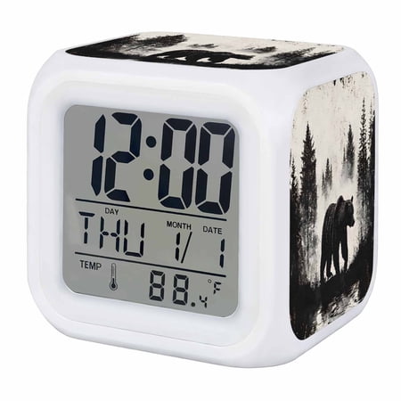 Black Bear Digital Alarm Clock for Bedrooms, Smart LED Alarm Clock with 7 Color Changing Night Light, Farmhouse Forest Animals Vintage Silent Wake Up Clocks for Sleep Study Cooking 3.2x3.2