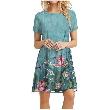 

Juebong Women s Casual Plain Loose Short Sleeve Loose Dress Floral Print Sunflower Print Dress