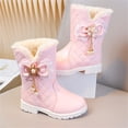 thumbnail image 4 of Girls Ankle Snow Boots Fleece Lined Bow Decor Faux Leather Snow Booties Kids Winter Warm Platform Boots Pink 2.5 Big Kids, 4 of 7