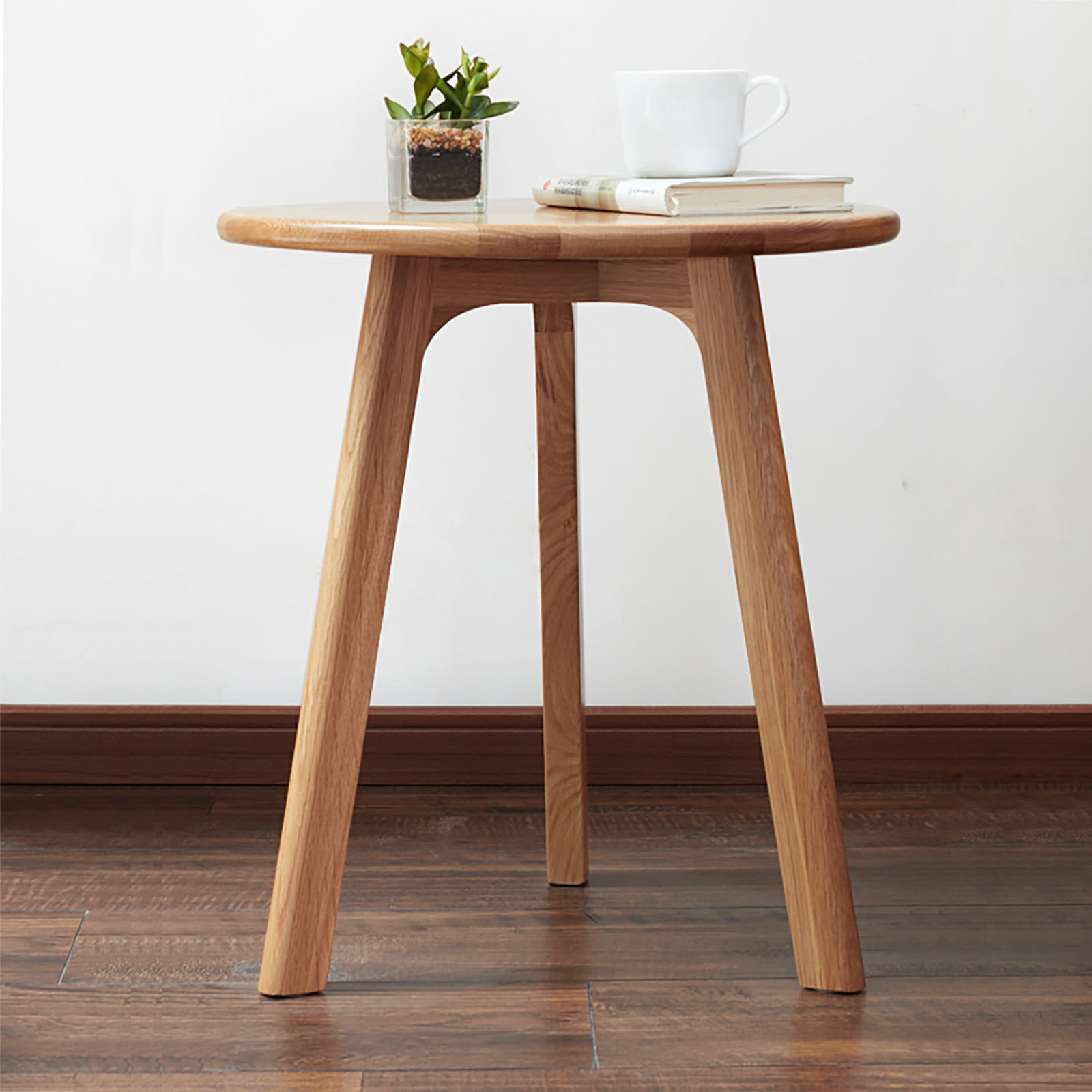 Solid Oak Wood Round Side Table, Minimalist 3-Leg End Table, Multi-Purpose Nightstand Coffee Table Easy to Assemble for Living Room Bedroom Balcony