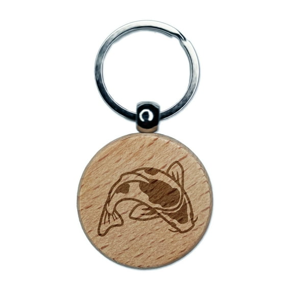 Spotted Koi Fish Round Keychain Charm Tag - Engraved Wood