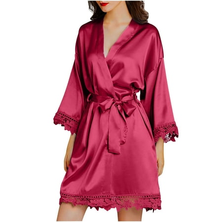 QUYUON Womens Satin Robe Silk Kimono Bathrobe Bridesmaid Wedding Bridal Party Robes Women 3/4 Sleeve Lace Trim V Neck Pajamas Short Nightgown Lingerie Sleepwear with Belted Red-E L