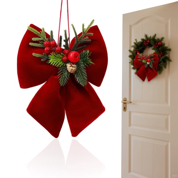 Burgundy Velvet Christmas Bow, 9.84 x 7.87 in Hanging Ornament with Pinecone Berry Accent for Wreath, Door and Garland Decor, bldnkj