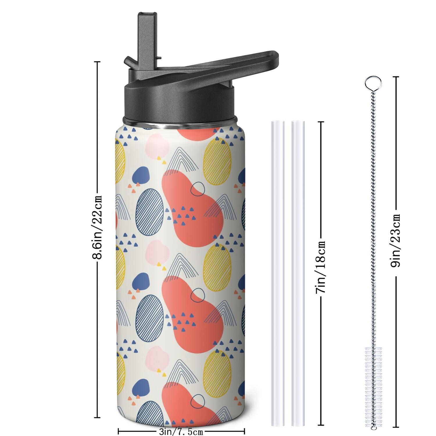Modern 18 oz Insulated Stainless Steel Water Bottle with Straw & Cleaning Brush , Leakproof, BPA-Free, 304 Stainless Steel, Wide Mouth, Travel Mug for Car, Gym, Office