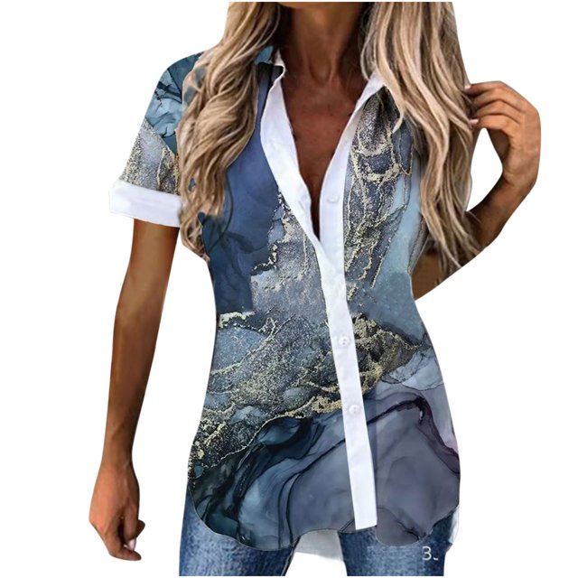 Moda mujer solapa impresión botón frontal cárdigan manga corta camisa Tops abrigo Pompotops hkajfhjk474188
