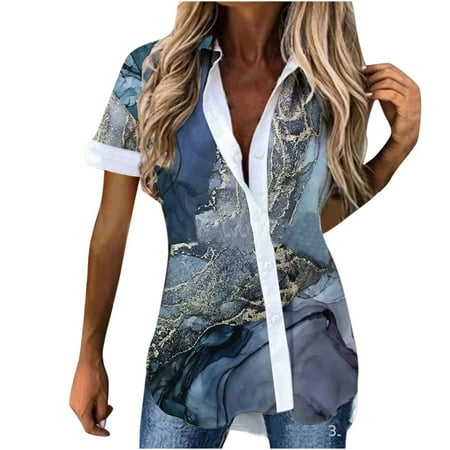 

Plus Size Tops for Women Crop Tops Trendy Women Lapel Printed Front Button Cardigan Short Sleeve Shirt Tops Coat T Shirts for Women on Clearance Valentines Day Shirts Women Blue S