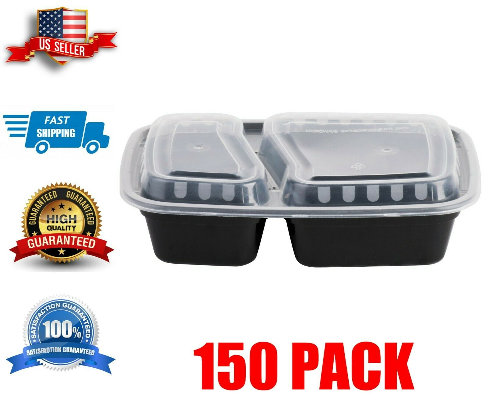 Amercare 2 Compartment Black 32oz Rectangular To-Go Container and Lid Combo Case of 150