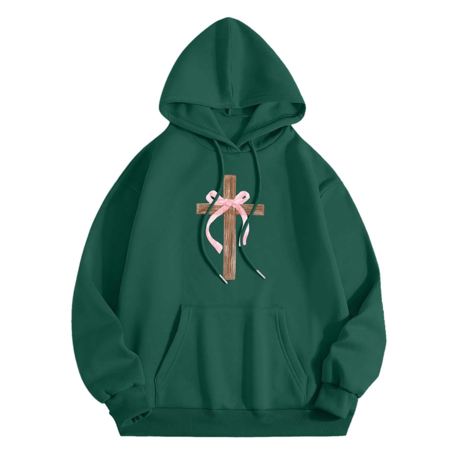 XIAOCHA Womens Hoodies Long Sleeve Cross Pink Bows Print Hooded Sweatshirts Loose Fit Kangaroo Pocket Drawstring Pullover Hooded