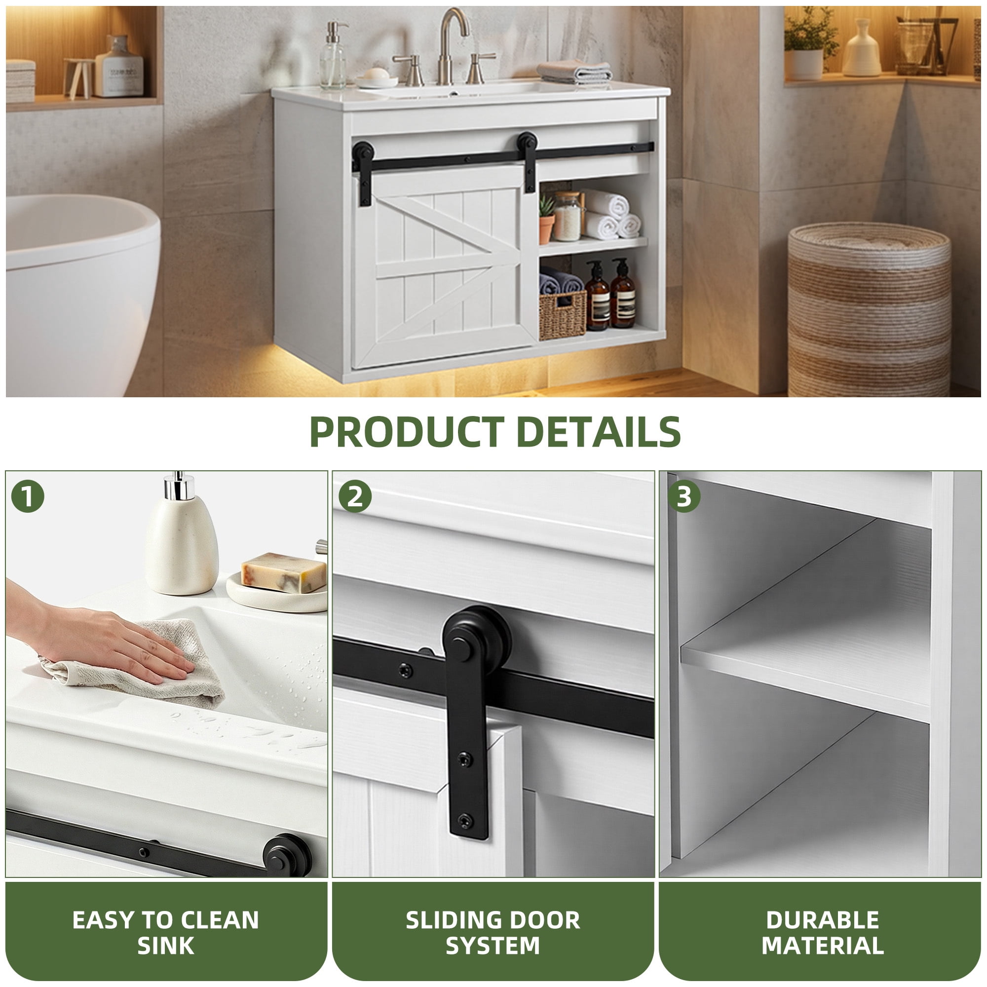 Uforic 24 Inch Farmhouse Floating Bathroom Vanity with Ceramic Sink, 7-Color LED Ambient Light & Sliding Barn Door for Small Compact Bathroom Spaces, White