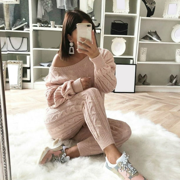Women Two Piece Set Sweater Tops Pants Cable Knit Twisted One 
