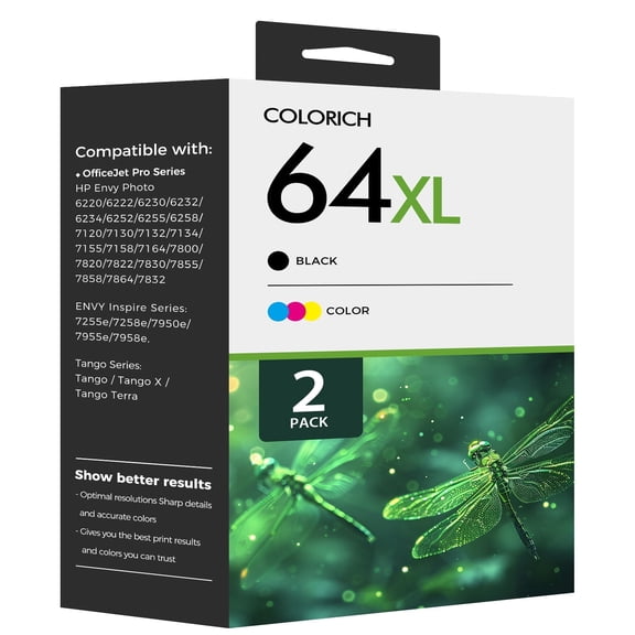 64 64XL Ink Cartridges Compatible for 64XL 64 2 Pack for Envy Photo 7855 7858 7155 7120 7800 6255 6252 7158 7164 (Black,Tri-color)