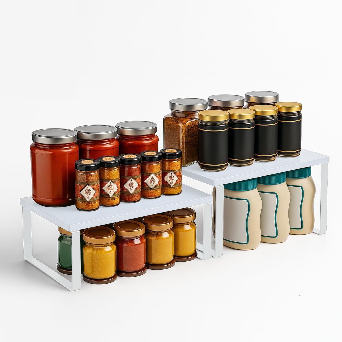 Sben Kitchen Shelf Cabinet Organizer, Set of 2, Counter Shelves, Kitchen Storage, Spice Rack, Stackable, Functional, Metal and Engineered Wood (White)