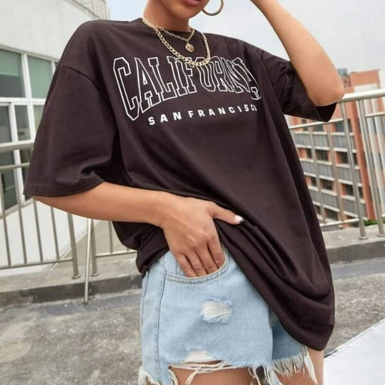 Danceemangoos Preppy Clothes Grunge Aesthetic California Letter Print Short Sleeve Oversized T Shirt Vintage Graphic Tee Trendy Loose Tops, Adult