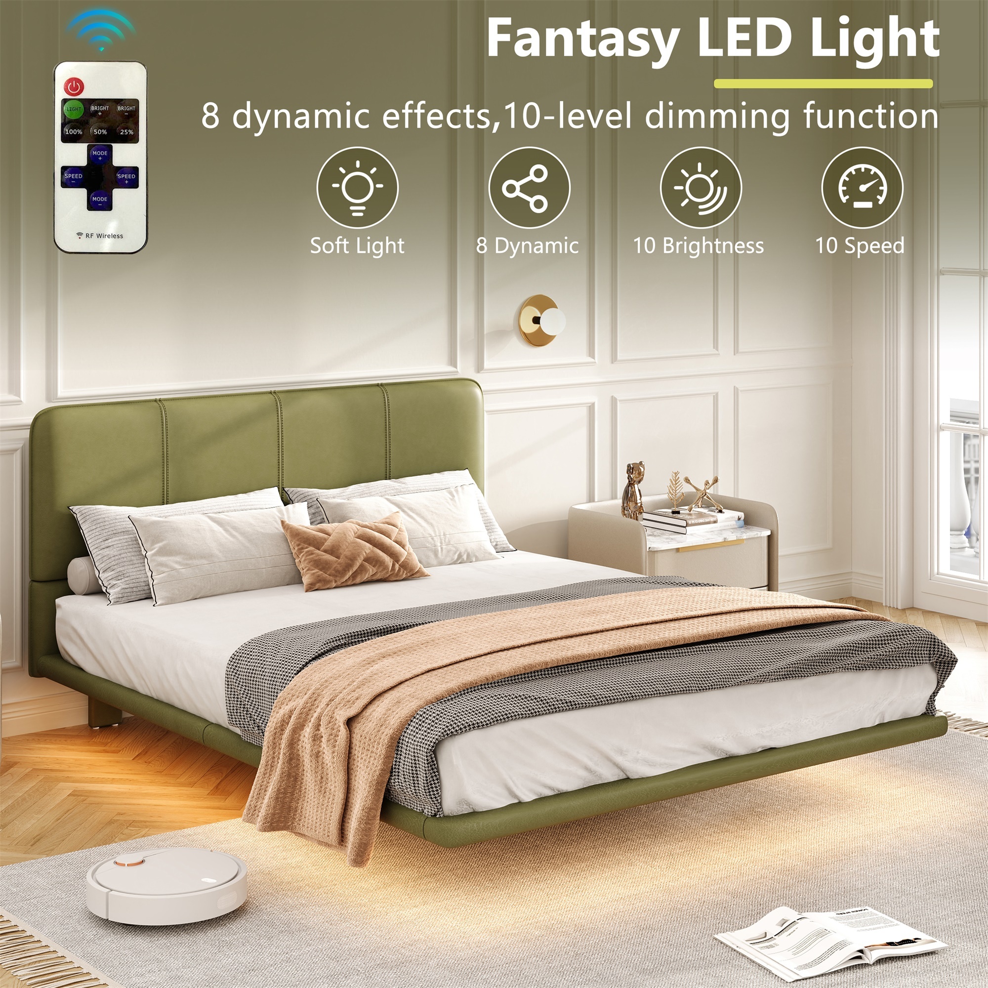 Alvantor Full Size Floating Bed Frame with LED Lights, Upholstered Leather Platform Bed for Bedroom Green