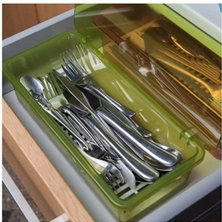 AIYoo Flatware Tray Kitchen Drawer Organizer with Lid and Drainer - Plastic  Kitchen Cutlery Tray and Utensil Storage Container with Cover - Dust-Proof  Dinnerwar…