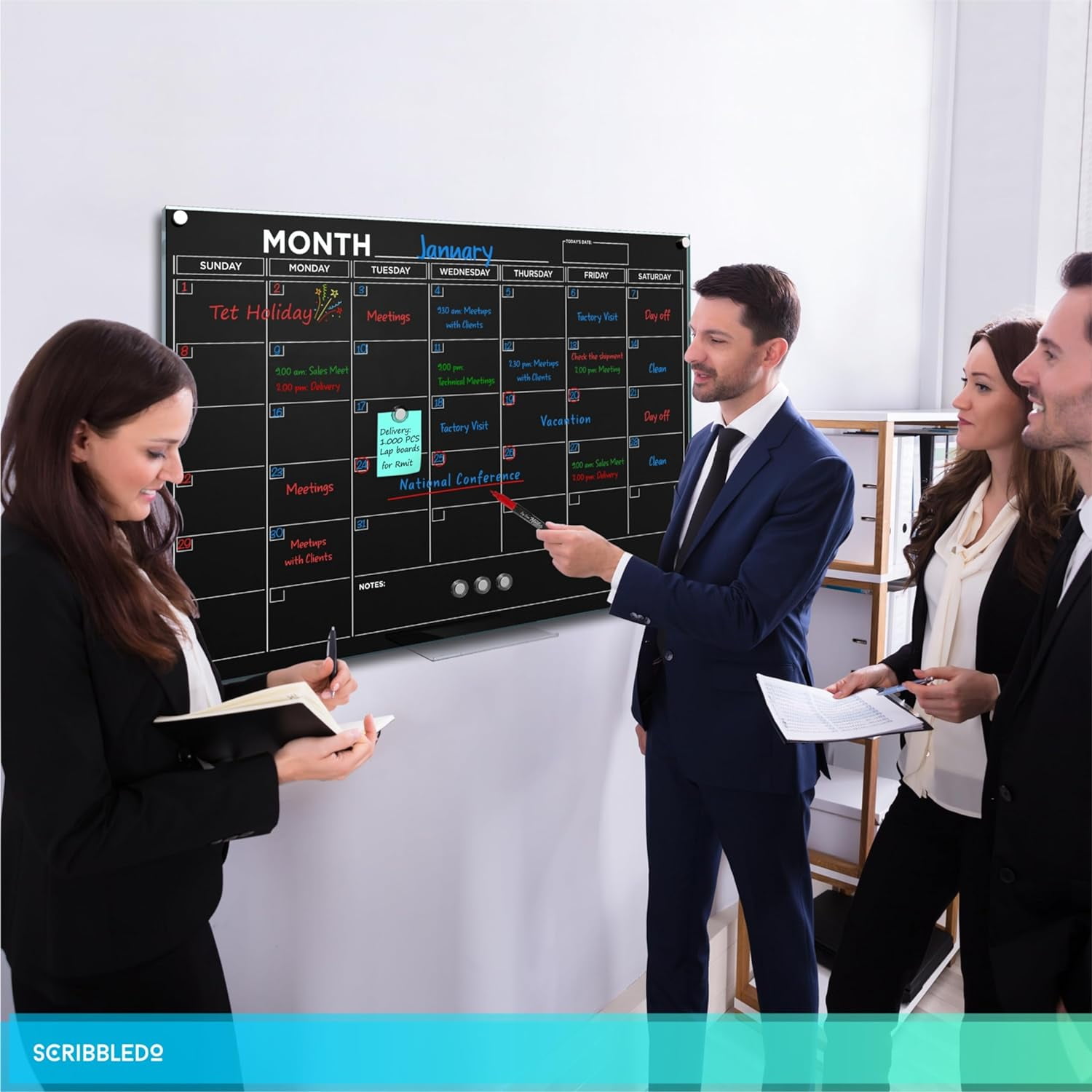 Black 24”x36” Magnetic Glass Whiteboard Calendar Planner White Board Calendar Dry Erase Board Dry Erase Calendar for Wall Monthly Glass Calendar Whiteboard Home Office Large Wall Calendar