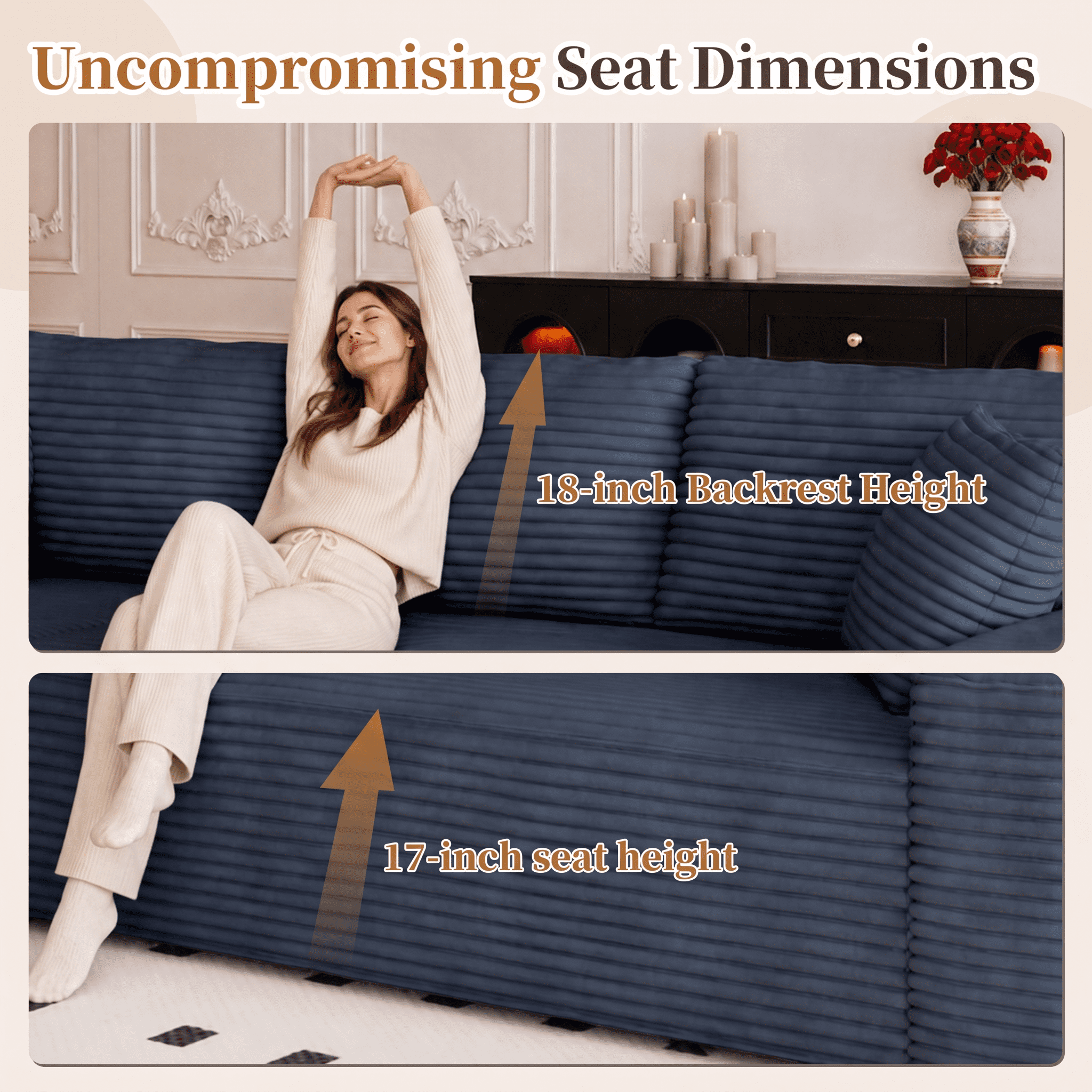 Lunale 105" Modular L-Shaped Sectional Sofa, Boneless Cloud Couch, No Assembly Required, Modern Deep Seat Corduroy Sofa for Living Room, Blue (Left Facing Chaise)