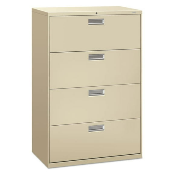 HON Brigade 600 Series Lateral File, 4 Drawers, Polished Aluminum Pull, 36"W x 19-1/4"D x 53-1/4"H, Putty Finish