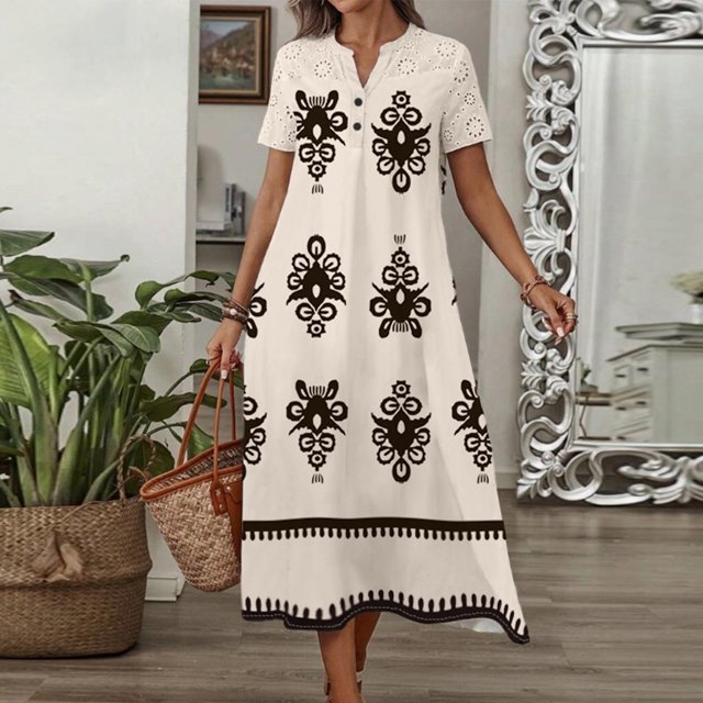 Ovzne Robes pour Femmes 2025 Robe de Plage Mode Robe d'Été Décontractée Col en V Manches Courtes Imprimé Bouton Robes de Plage Boho Robe en Dentelle Robes de Printemps Manches Courtes Imprimé