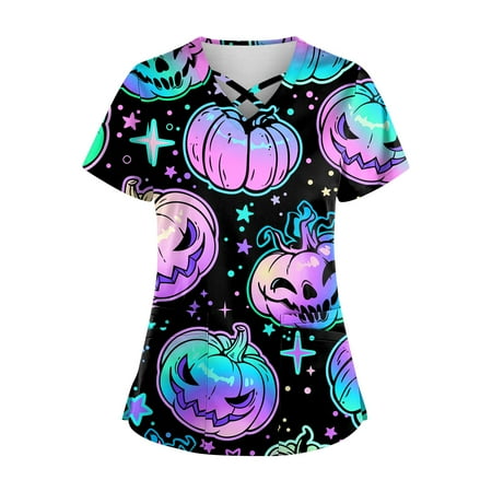 

Bazyrey Women s Halloween Scurb Tops on Clearance Plus SizePrinted Scrub Working Uniform Tops For Cross V-Neck Halloween Print Short Sleeve Fun T-Shirts Workwear Tee With Pockets Purple 4XL