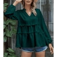 thumbnail image 2 of Mandarin Collar V Neck Bishop Sleeve Ruffle Hem Blouse for Women, 2 of 2