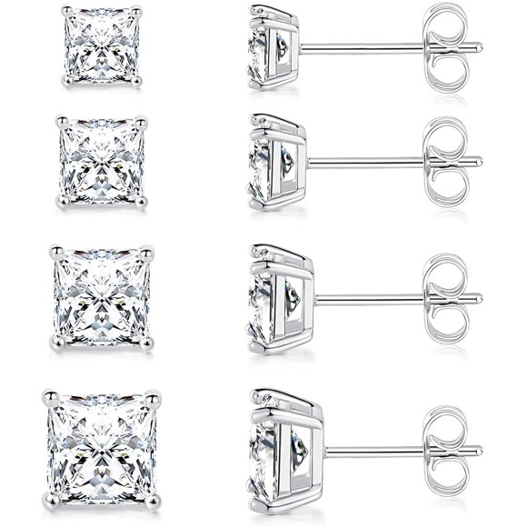 4 Pairs of Stud Earrings for Women Mens 18K White Gold Plated Earring Studs 4-7mm Princess Cut Cubic Zirconia Inlaid Hypoallergenic Nickel Free Earrings for Sensitive Ears