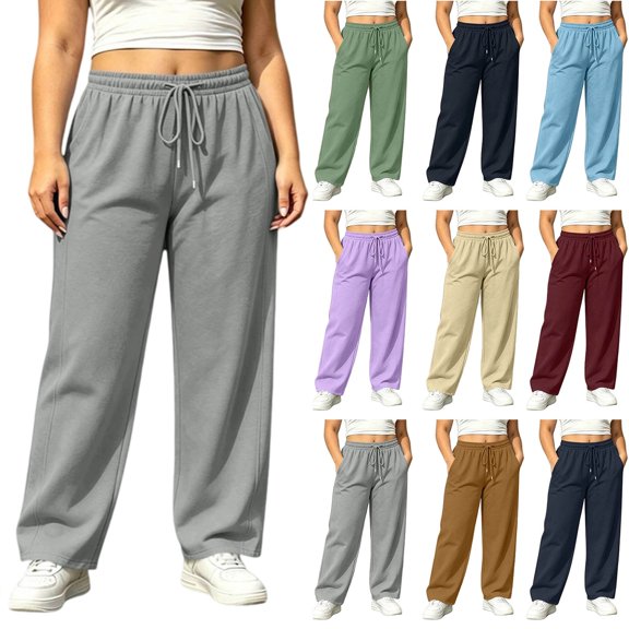 Women's Plus Size Gray Wide Leg Sweatpants, High Waist Drawstring Casual Athletic Long Pants with Deep Side Pockets, Loose Fit Lounge Workout Jogger Trousers Sizes L-4XL