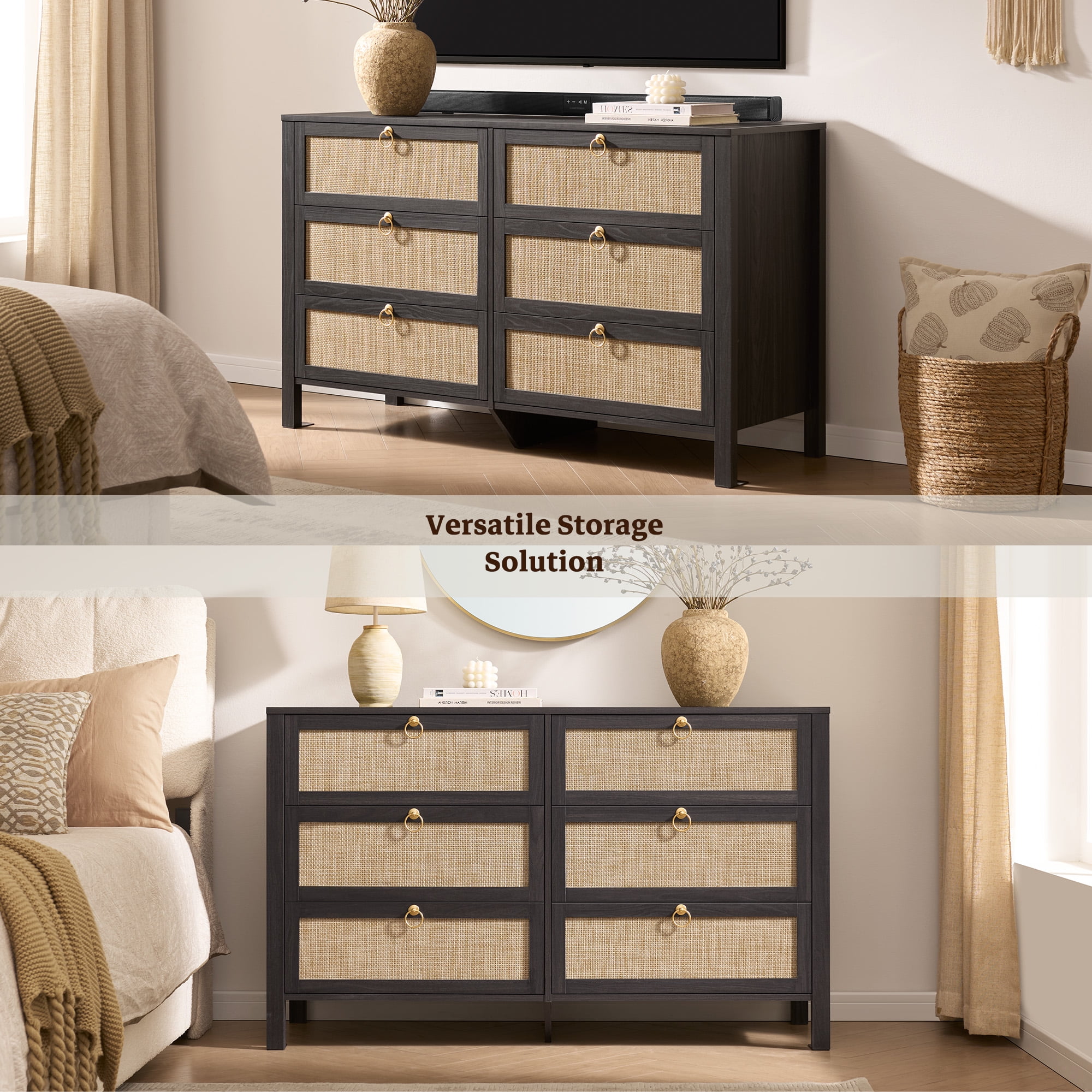 SICOTAS 51.14" Wide 6-Drawer Rattan Dresser, Large Boho Chest of Drawers with gold handle for Bedroom, Coastal Bedroom Furniture Set in Blacklack Oak