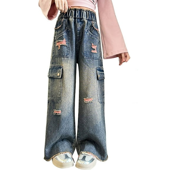 Kids Girls Baggy Jeans Elastic Waist Wide Leg Pants for Teens Girls Outfits Size