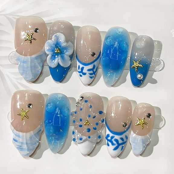 24Pcs Summer Starfish Press on Nails Medium Almond Fake Nails 3D Cute Seefish Flower Fruit with Pearl Full Cover Glue on Nails Artificial Colorful Beach False Nails for Women Girls Acrylic Nails DIY
