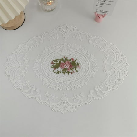 

Mingyiq Oval Coaster Hollow Embroidery Table Cloth Mat Dust Cover Fabric Decoration