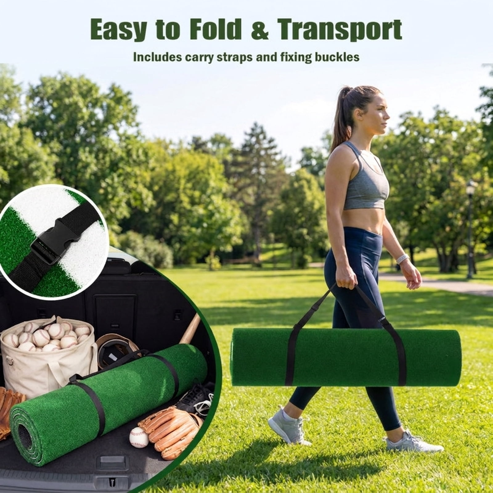 Airfind 10 ft x 3.8 ft Baseball and Softball Batter Practice Mat with needle-punched home plate markings and diamond-emboss rubber backing for switch-hitter drills, Green