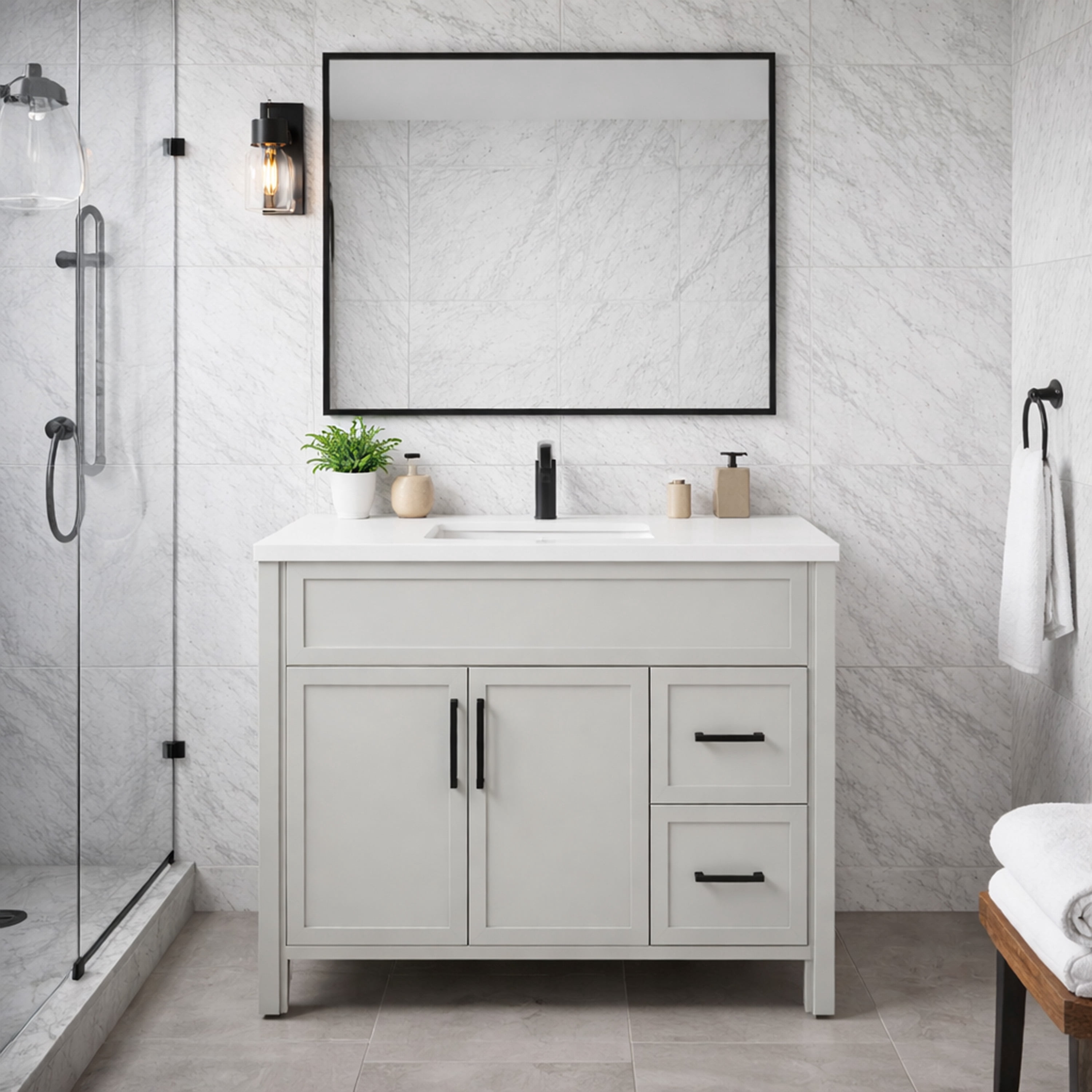 Design House Dawson 36-Inch Bathroom Vanity Cabinet, Ready to Assemble, 2-Door 2-Drawer Freestanding, Comfort Height 34 in., Sherwin-Williams® On the Rocks, Matte Black Hardware, 228437-OTR-RTA