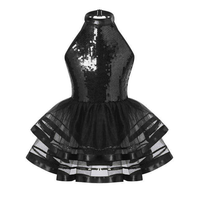 MSemis Robe de Danse Sans Manches pour Filles Col Halter Paillettes Tutu en Maille Justaucorps de Gym Ballerine Noir 12